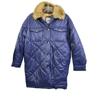 Aerie Womens Navy Blue Quilted Puffer Faux Fur Collar Sherpa Lined Jacket Size S